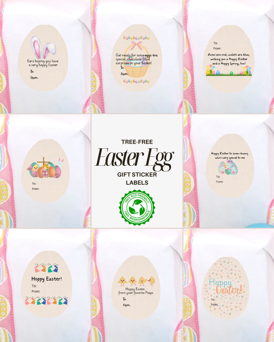Collection of tree-free Easter egg shaped gift sticker labels. 8 fun and cute designs