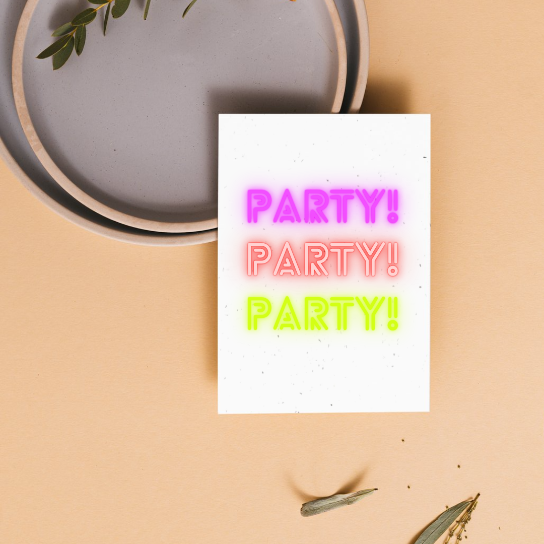White card with 'PARTY! PARTY! PARTY!' text in pink, red, and yellow on a beige background.
