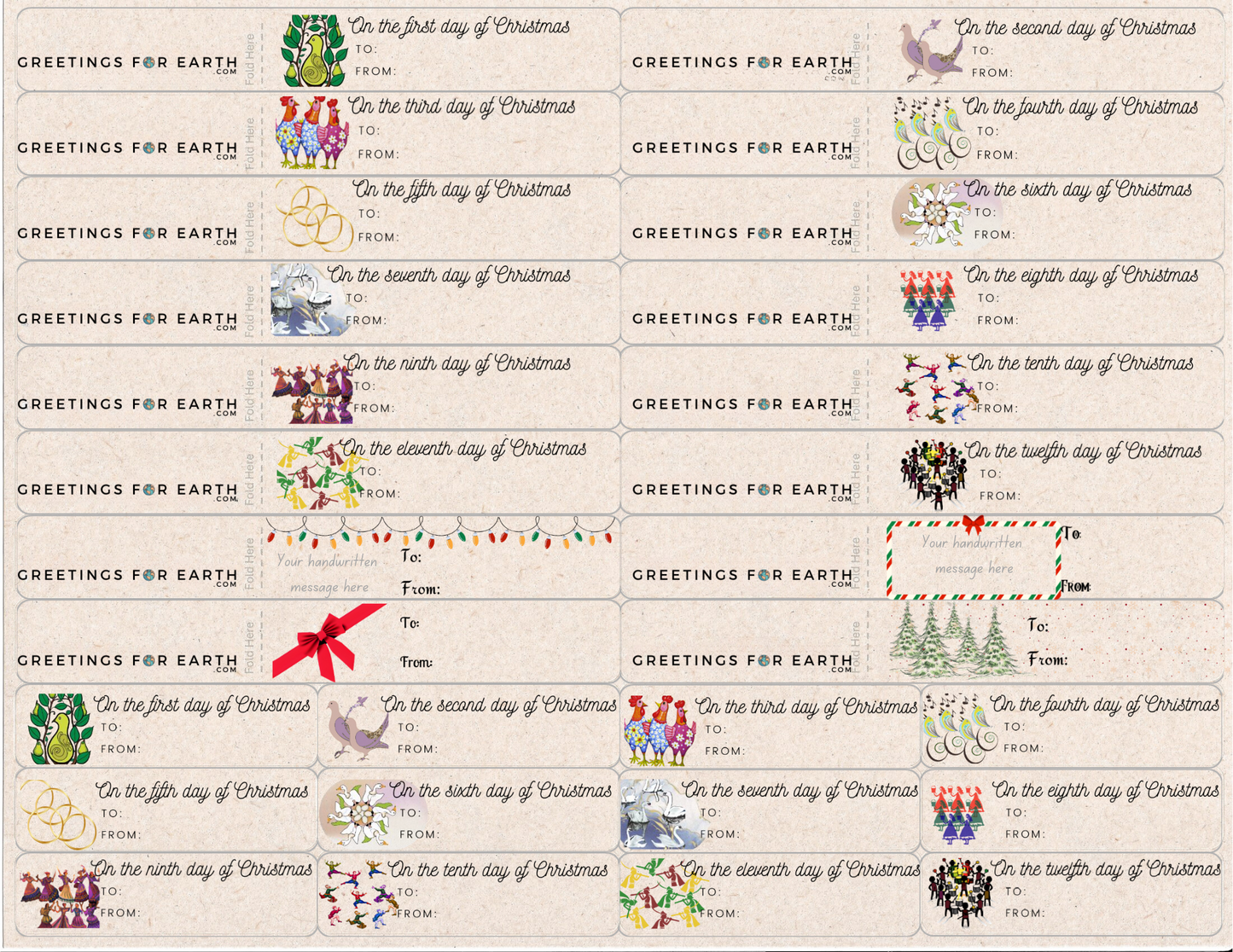 Christmas Gift Labels with the 12 Days of Christmas Designs - Eco-Friendly, Biodegradable