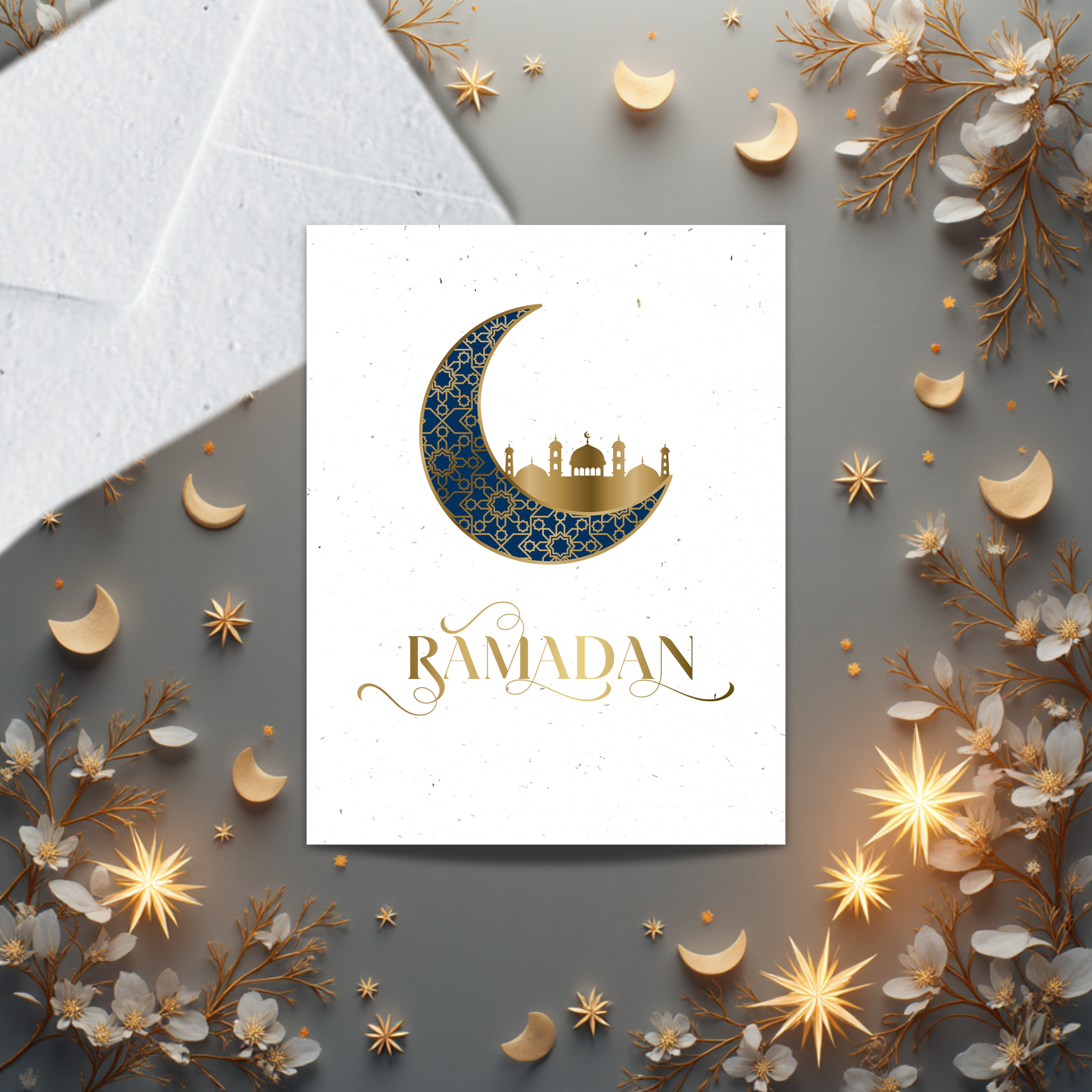 Card with 'Ramadan' text and crescent moon design surrounded by decorative elements on a gray background