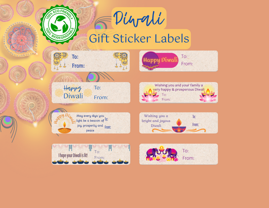 Diwali Gift stickler label collection. 8 different designs. 4 are mostly gold and blue and the other 4 are pink and and purple with gold accents. Happy Diwali