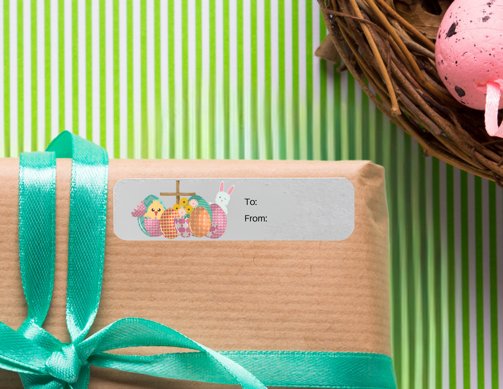 Easter chick and bunny and egg set with cross gift sticker label