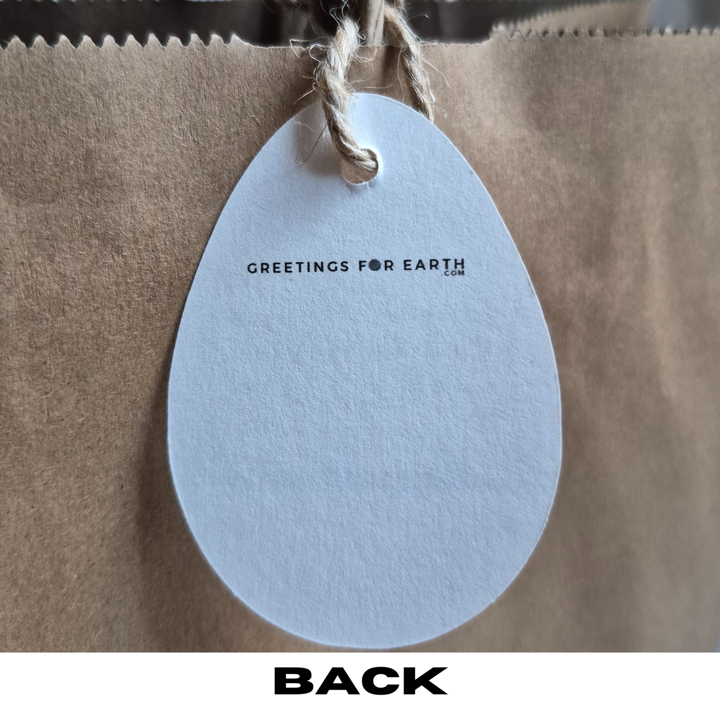 Rear of Egg-shaped gift tag with 'Greetings for Earth' logo
