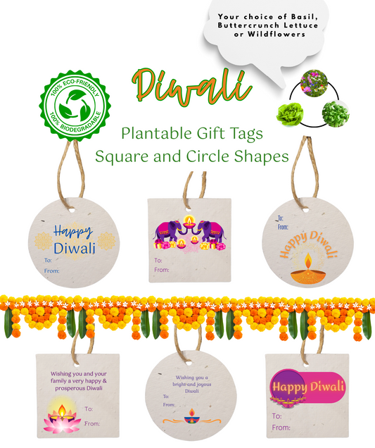 Set of Diwali-themed plantable gift tags with decorative elements on a white background.