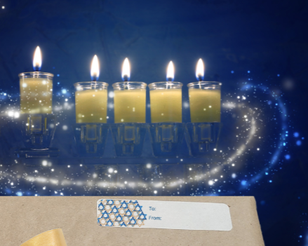 Wrapped gift with Menorah in the background the star of David is printed in a pattern on a gift label