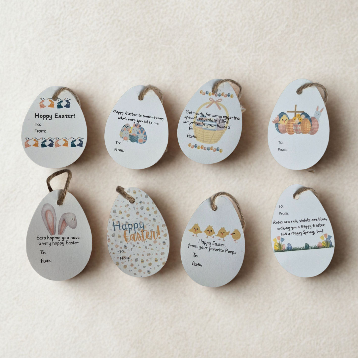 Set of Easter-themed gift tags with illustrations and text on a beige background
