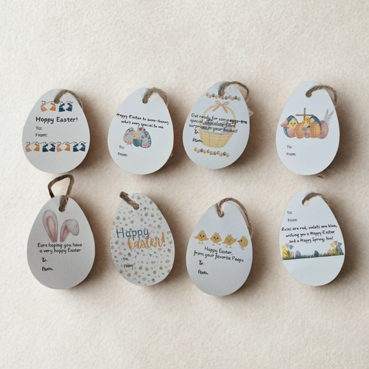 Set of Easter-themed gift tags with illustrations and text on a beige background