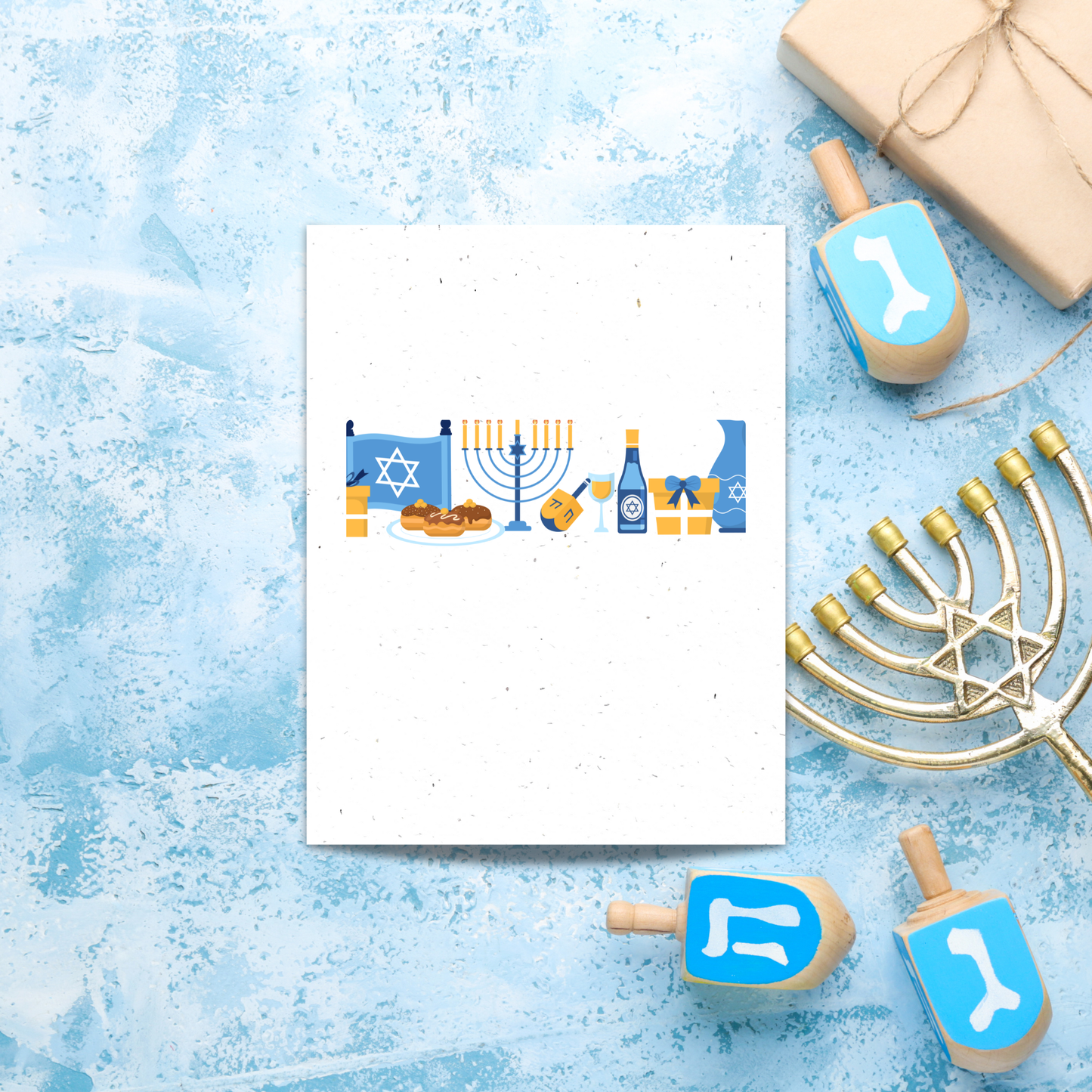 card with Hanukkah-themed table settings illustrations  