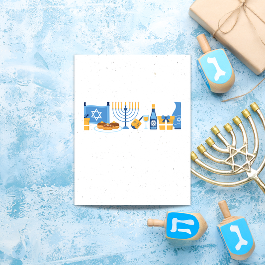 card with Hanukkah-themed table settings illustrations  