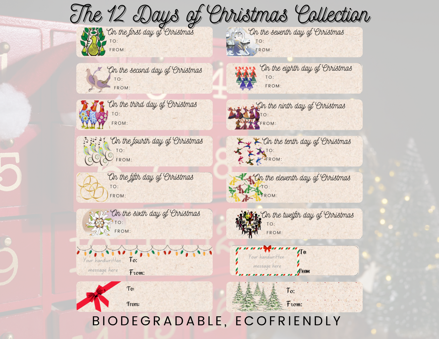 Christmas Gift Labels with the 12 Days of Christmas Designs - Eco-Friendly, Biodegradable