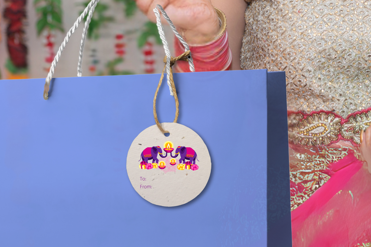 Woman in traditional attire holding a blue gift bag with an elephant tag against a colorful background
