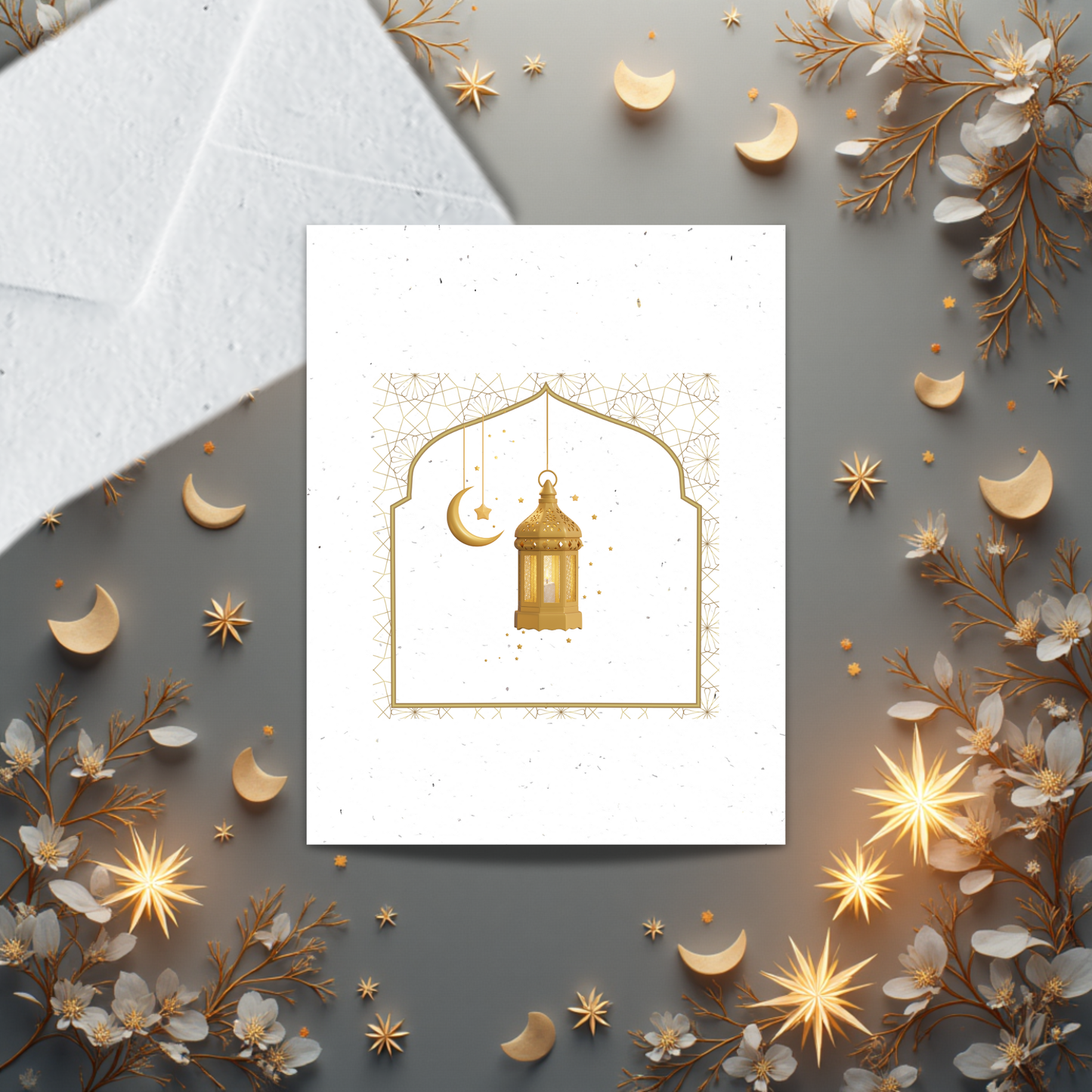 Decorative card with gold lantern design surrounded by floral and celestial elements on a gray background.