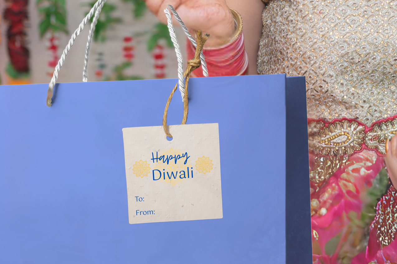 Woman holding a blue gift bag with a 'Happy Diwali' tag against a colorful background