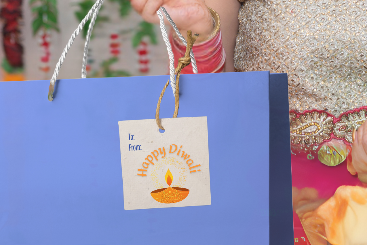 Woman holding a blue gift bag with a 'Happy Diwali' tag against a festive background.