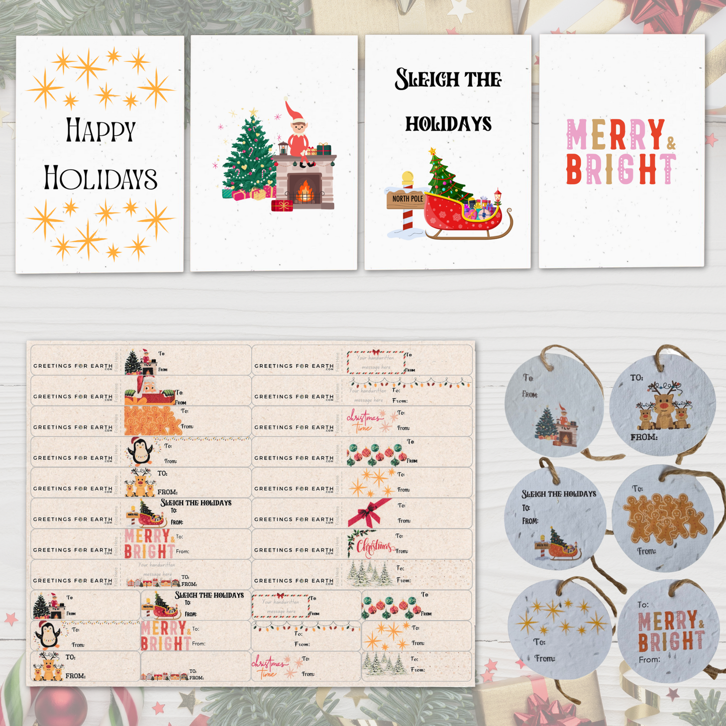 Eco-Friendly Christmas Greetings Bundle – Plantable Gift Tags (12), Greeting Cards (4) & Sugarcane Gift Labels (28)