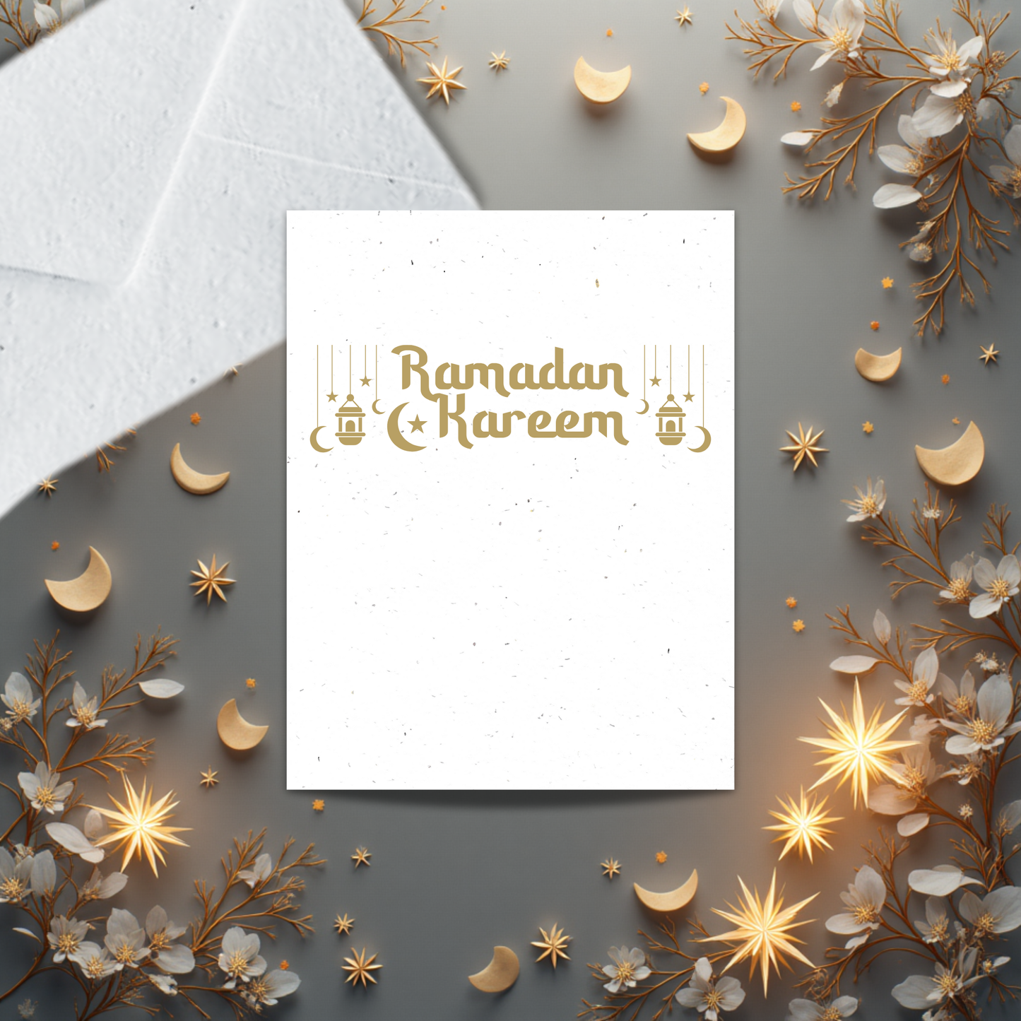Card with 'Ramadan Kareem' text surrounded by decorative elements on a gray background