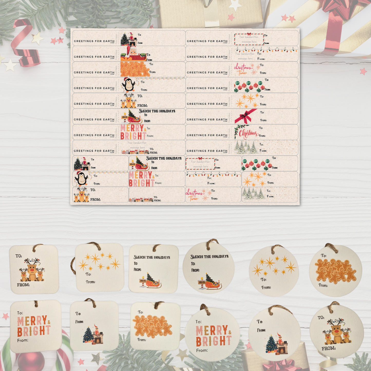 Eco-Friendly Christmas Gift Tags (24) & Holiday Sticker Label (28) Bundle