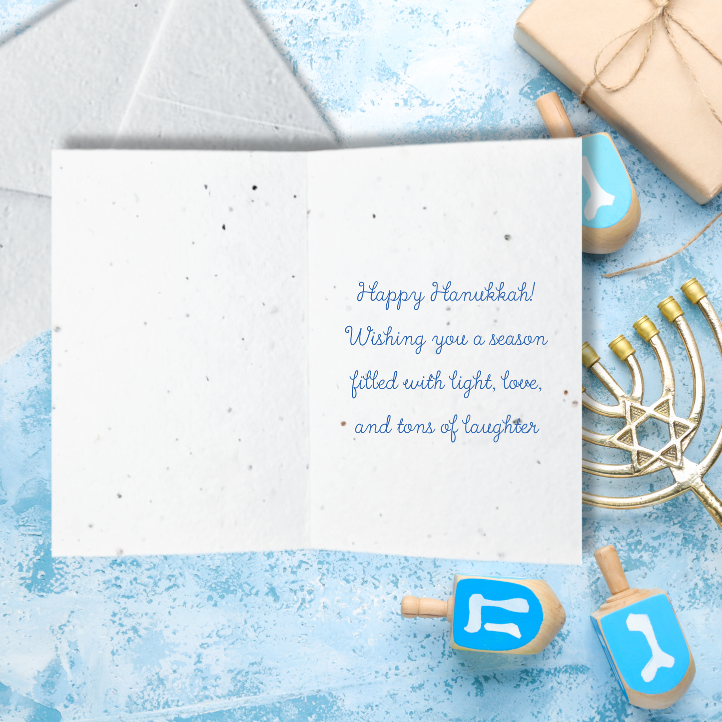 Hanukkah Eco-Friendly Gift Wrap Bundle – Seed Paper Cards (4) & Tags (12), Tree-Free Sugarcane Gift Stickers (28)
