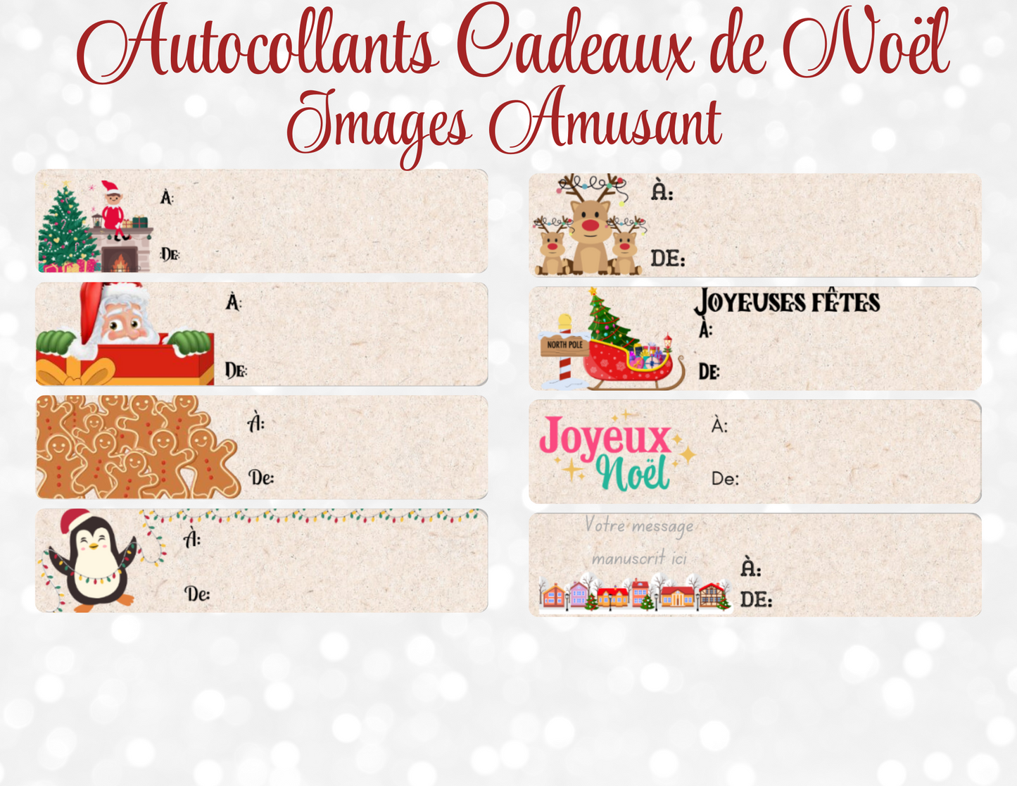 Autocollants Cadeaux de Noël, Étiquettes de Noël, Amusants Motif - Biodégradable, respectueux de l’environnement