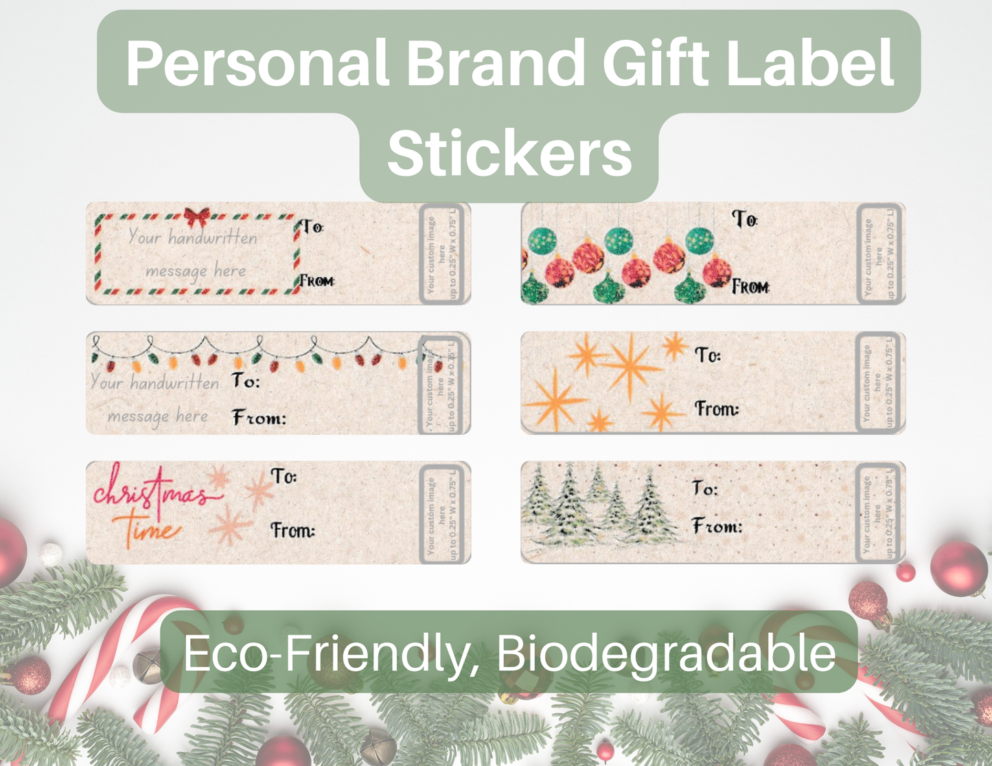 Personalized, Custom Upload Gift Label Stickers Classic Christmas Designs, Eco-Friendly