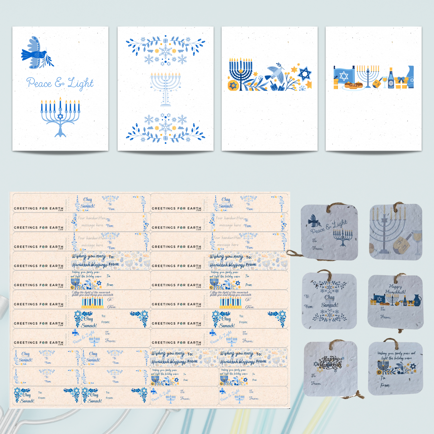 Hanukkah Eco-Friendly Gift Wrap Bundle – Seed Paper Cards (4) & Tags (12), Tree-Free Sugarcane Gift Stickers (28)