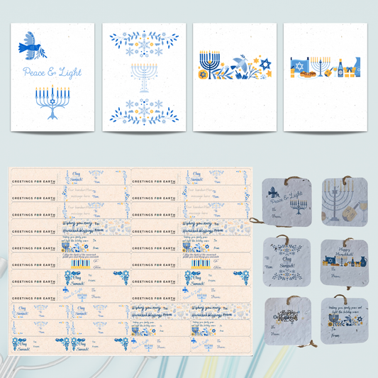 Hanukkah Eco-Friendly Gift Wrap Bundle – Seed Paper Cards (4) & Tags (12), Tree-Free Sugarcane Gift Stickers (28)