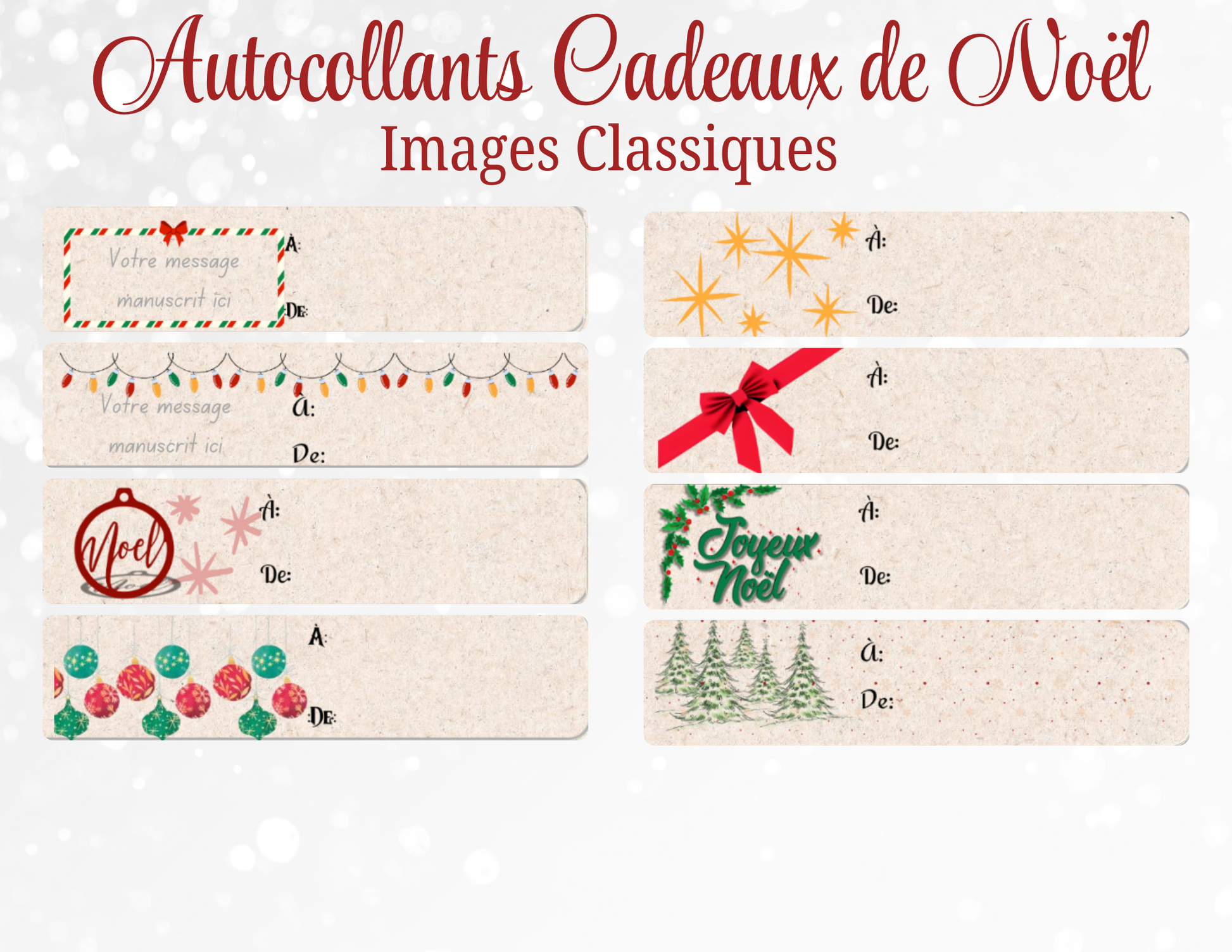 Lot de 8 étiquettes autocollantes de Noël avec des motifs classiques