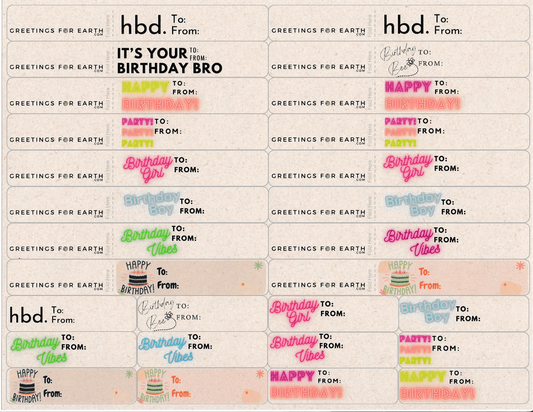 28 Birthday labels in various sassy colourful and fun designs made for gift bags and wrapped gifts