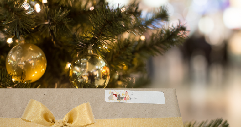 Wrapped gift with a label with 4 cats in holiday wear