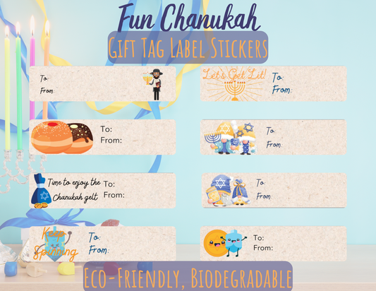 Chanukah Gift Tag Label Stickers - Eco-Friendly and Biodegradable. Fun and Quirky Designs