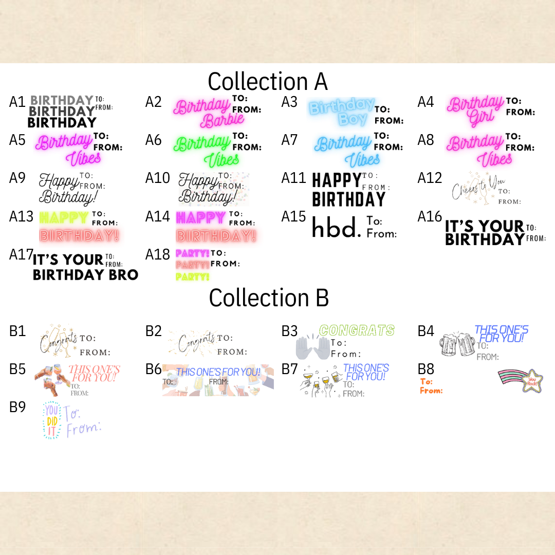 Collection A consists of Birthday Designs. Collection B Consists of Congratulations Designs.