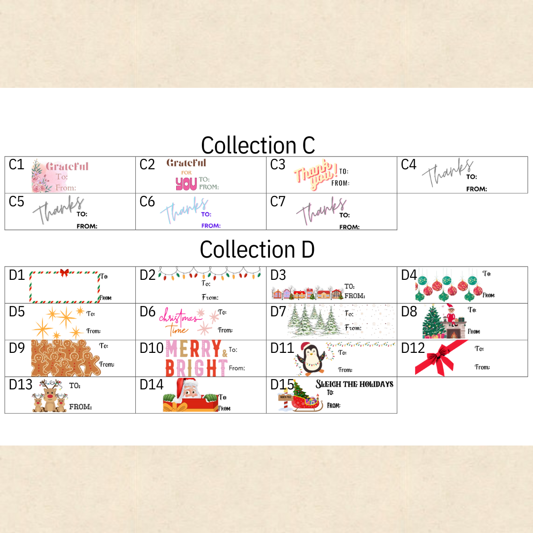 Collections of Labels Designs. Collection C consists of Thank You Designs. Collection D consists of Christmas Designs
