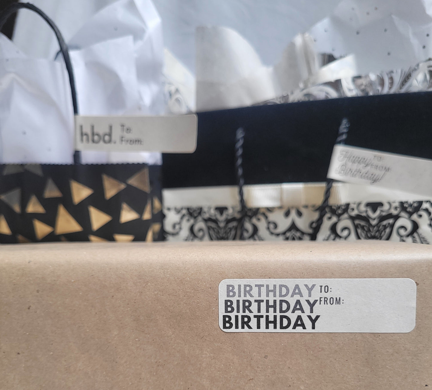 Classy Birthday written 3 times Wrapped Gift Label