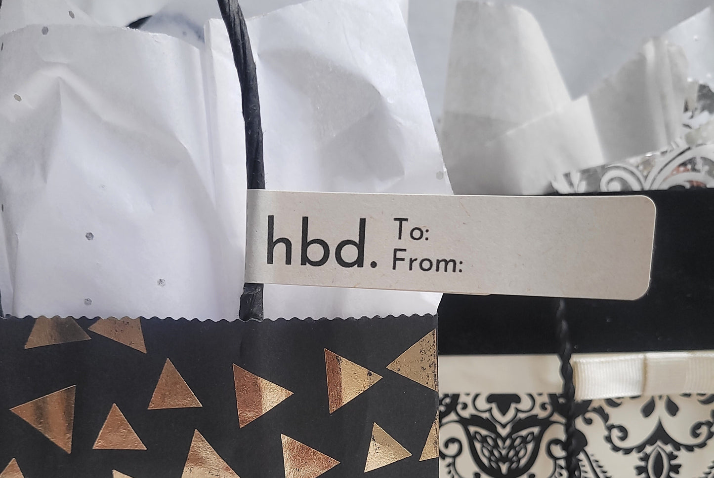 Classy Happy Birthday written HBD gift bag label