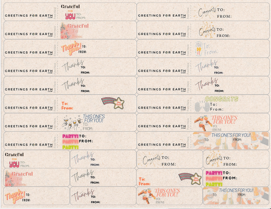 28 gratitude and celebratory labels in various classy and sassy designs made for gift bags and wrapped gifts