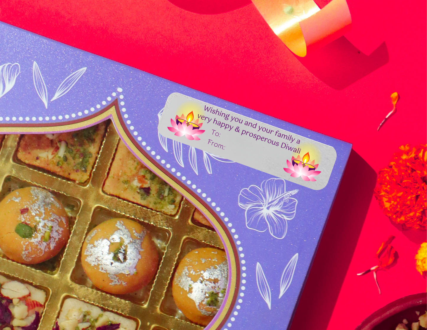 Diwali Diya and Lotus Sticker Label