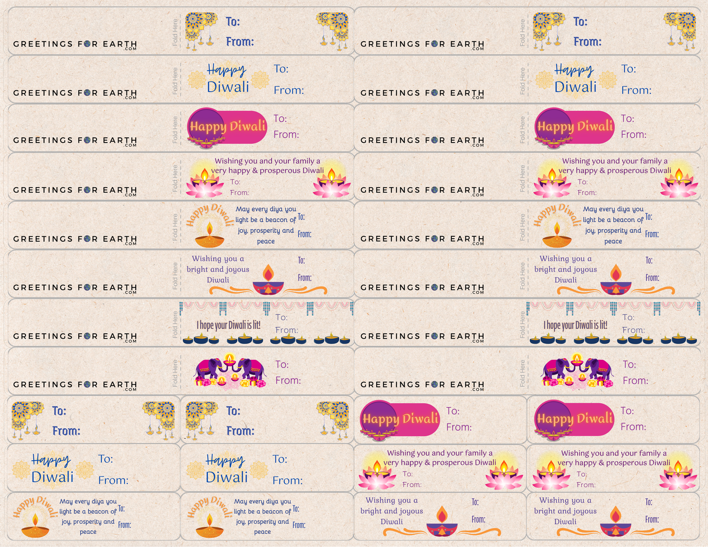 Sheet of 28 labels which include 8 different designs and 2 sizes. One label size is 2.7  inch by 0.75 inch. The other is made to wrap around a gift bag handle with 2.7 inches of exposed design once folder.