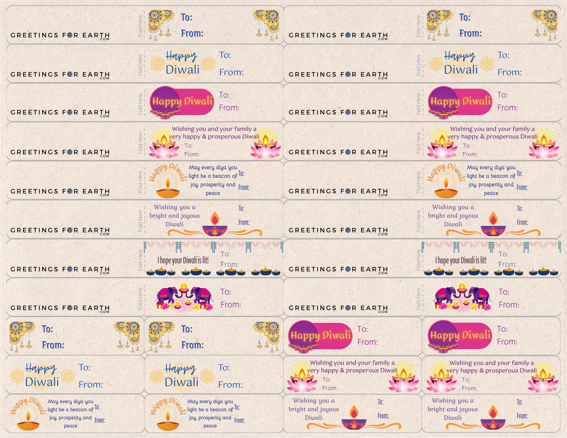 Sheet of 28 labels which include 8 different designs and 2 sizes. One label size is 2.7  inch by 0.75 inch. The other is made to wrap around a gift bag handle with 2.7 inches of exposed design once folder.