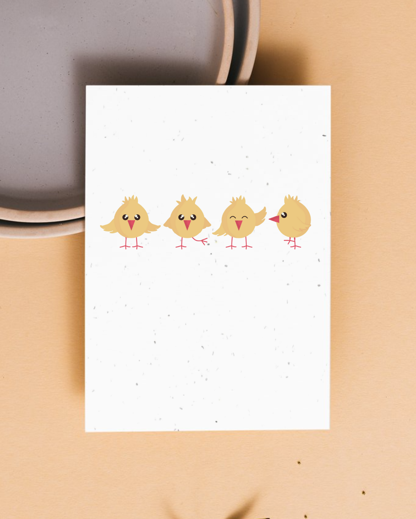 Easter Card with four cartoon chicks on a beige background
