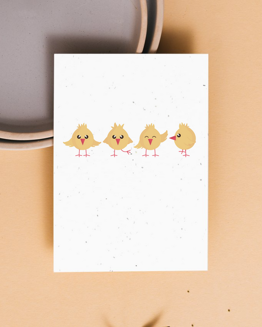 Easter Card with four cartoon chicks on a beige background