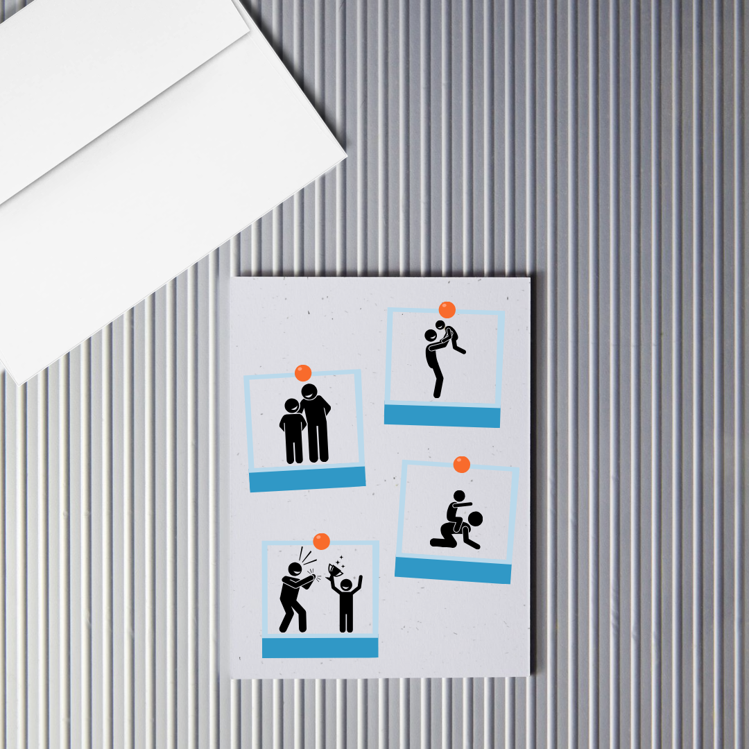 Father's Day Card with stick figure illustrations of father and child playing sports in Polaroid like images