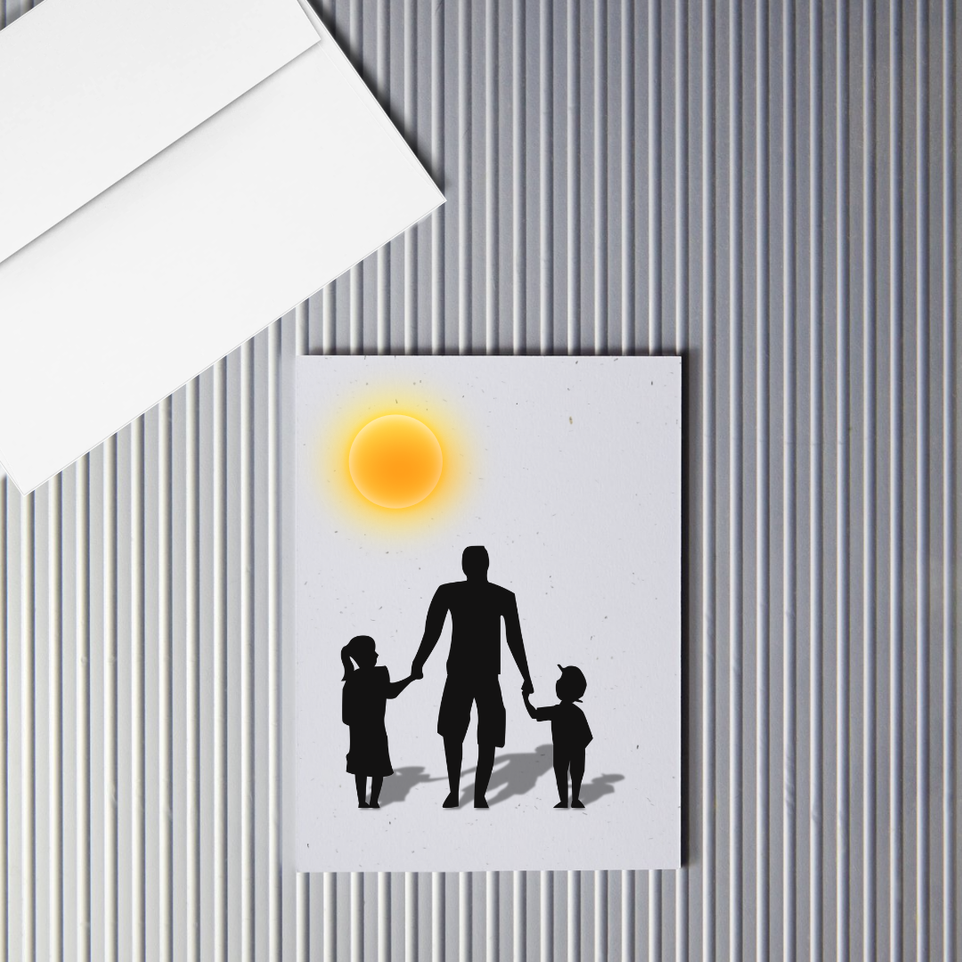 Father's Day greeting card with Silhouette graphic of a family with a sun above them.