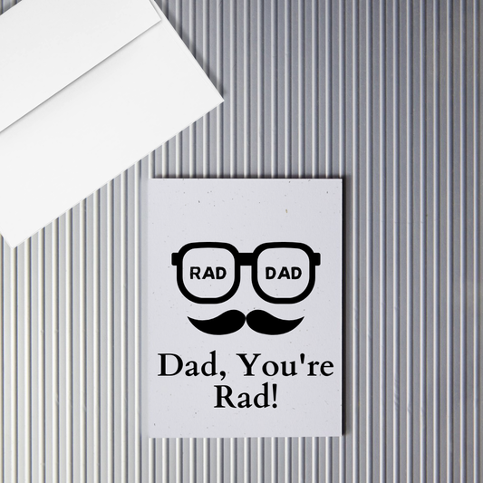 Father's Day Card with glasses and a mustache graphic. In the glasses it has 'Rad Dad' text 