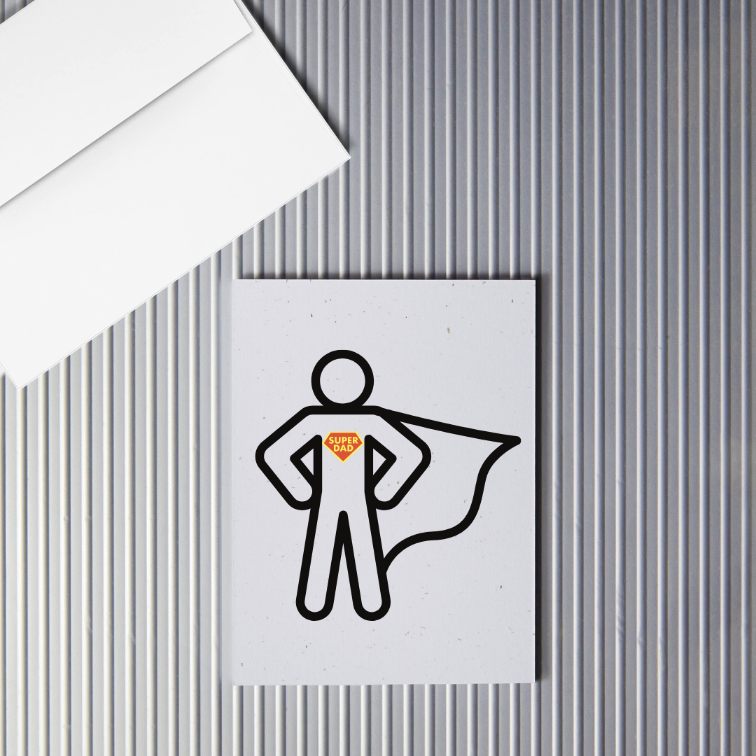Father's Day greeting card with a superhero icon labeled 'Super Dad' on a textured gray background