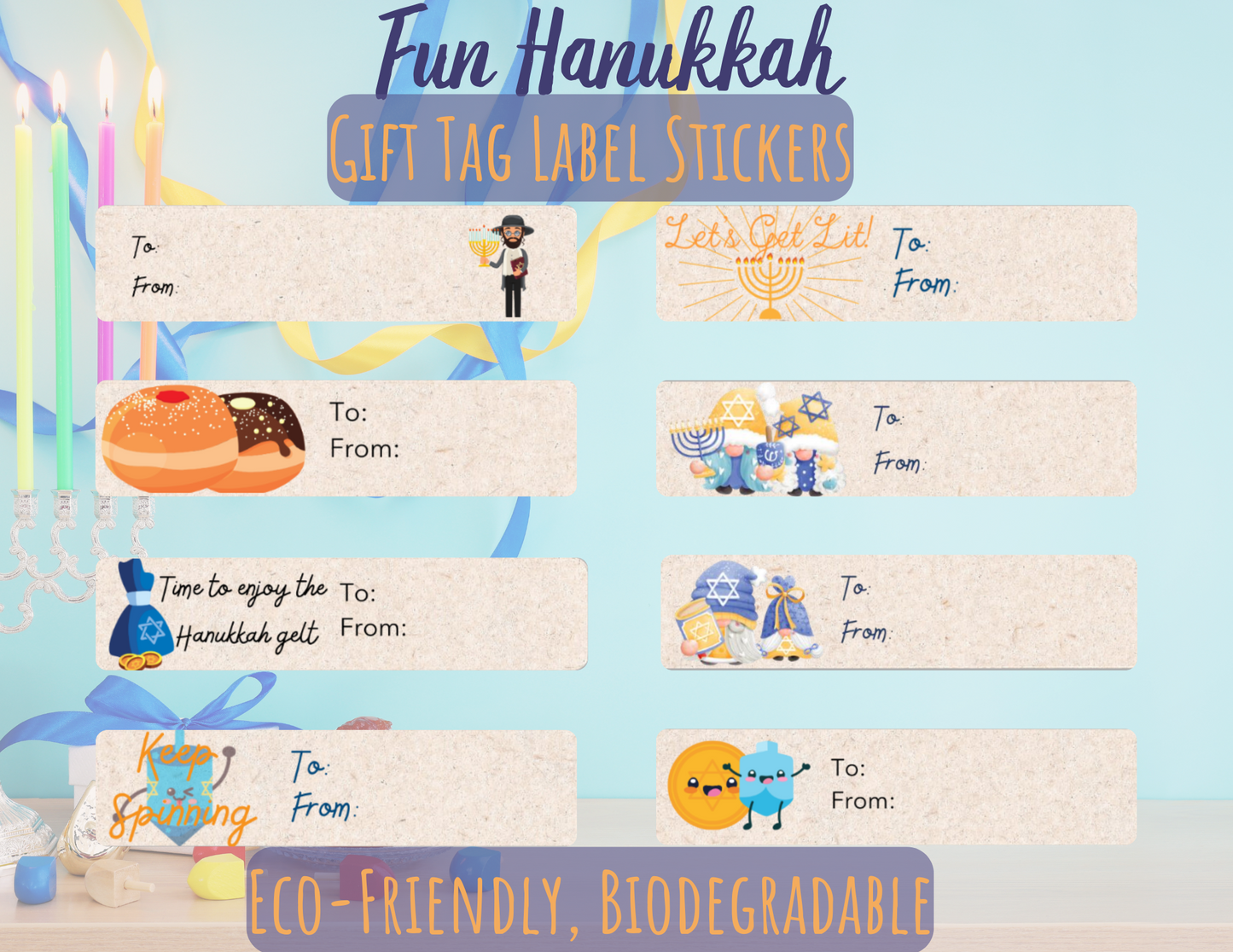 Hanukkah Gift Tag Label Stickers - Eco-Friendly and Biodegradable. Fun and Quirky Designs