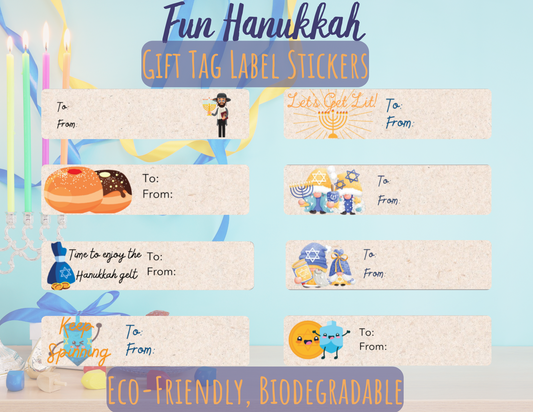 Hanukkah Gift Tag Label Stickers - Eco-Friendly and Biodegradable. Fun and Quirky Designs