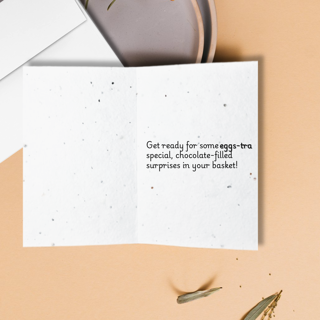 Inside an Easter greeting card with 'Get ready for some eggs-tra special, chocolate-filled surprises in your basket!' text on a textured background