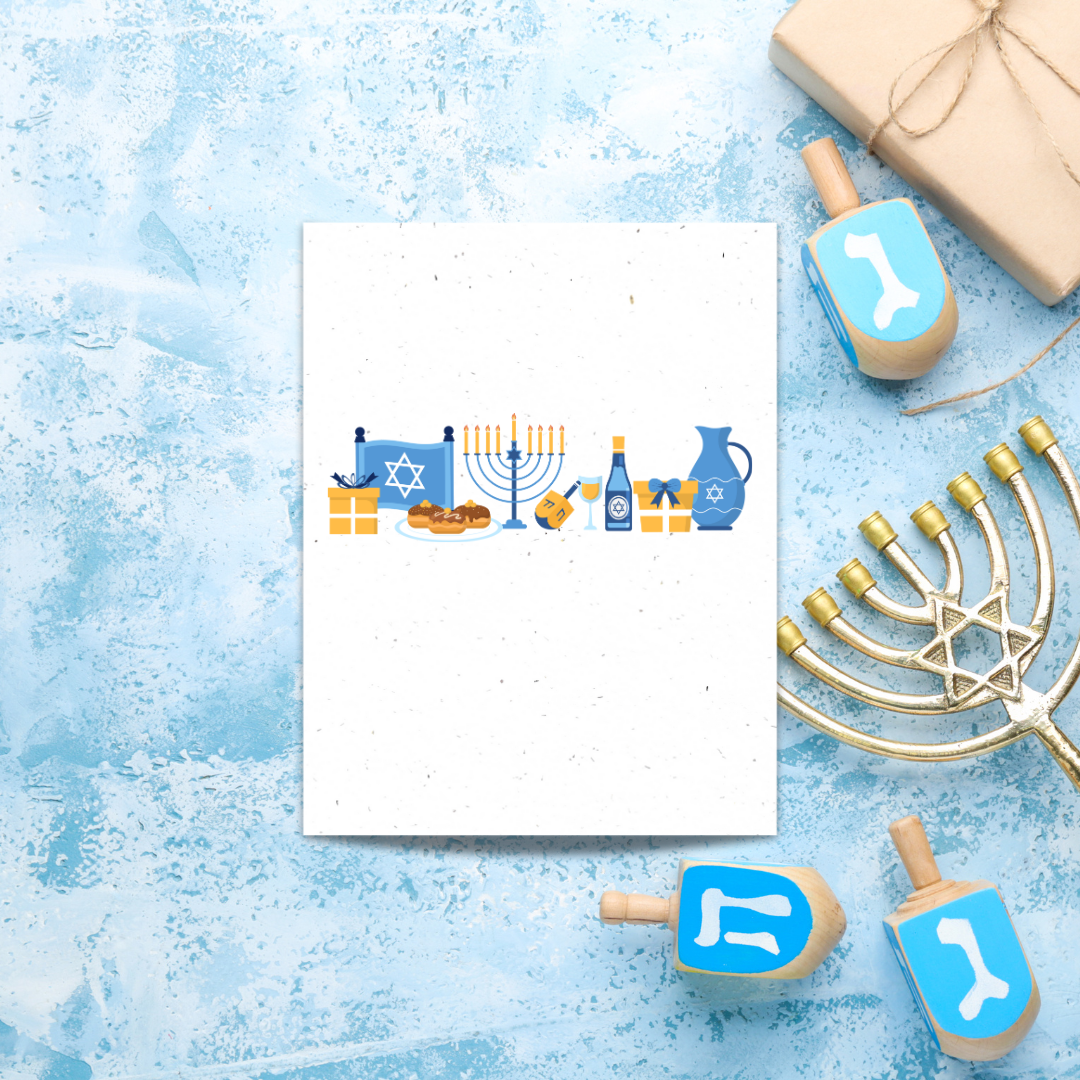 Plantable Hanukkah card with Hanukkah-themed table settings illustrations  