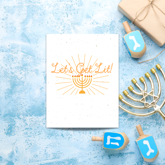 Plantable Hanukkah card with 'Let's Get Lit!' text and Menorah design