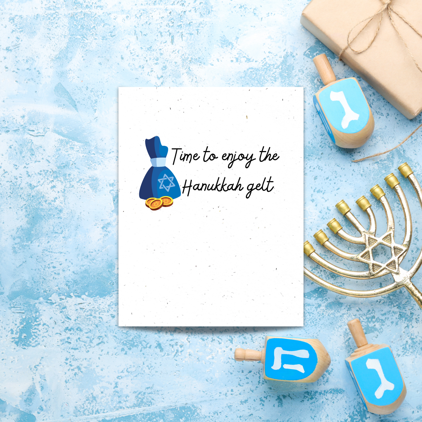 Plantable Hanukkah card with a bag of gelt and text 'time to enjoy the Hanukkah gelt'